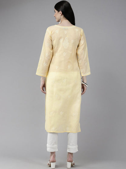 ADA Women Cream-Coloured & White Ethnic Motifs Embroidered Chikankari Cotton Kurta