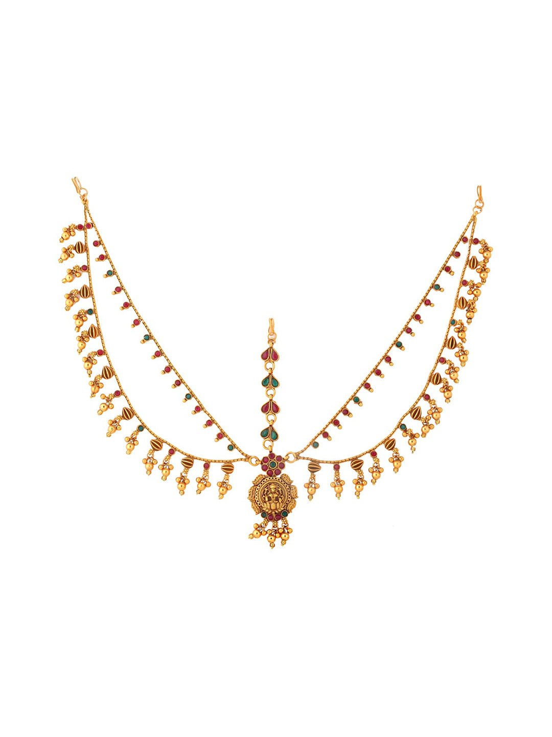 Yellow Chimes Gold-Polished Pink & Green Stone Studded Ghungroo Beaded Mathapatti