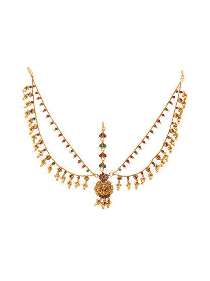 Yellow Chimes Gold-Polished Pink & Green Stone Studded Ghungroo Beaded Mathapatti