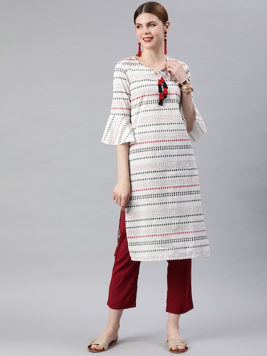 Anubhutee Women White & Black Striped Straight Kurta