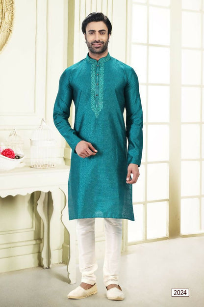 Raivat Ethnic Jacquard Banarasi Silk Thread Work Kurta Pajama In Blue Colour