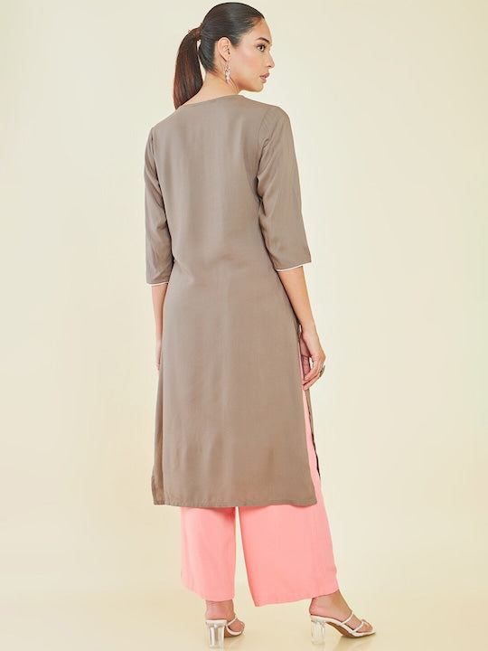 Soch Beige & Pink Notched Neck Floral Embroidered Straight Kurta