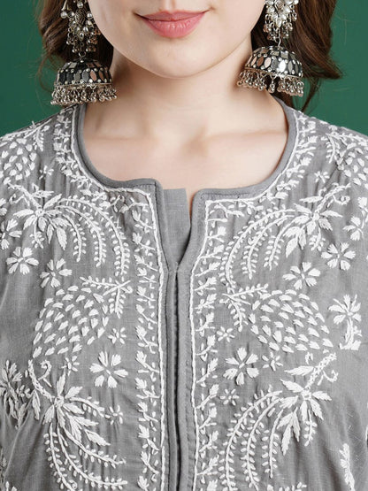 ADA Women Grey & White Chikankari Embroidered Straight Kurta
