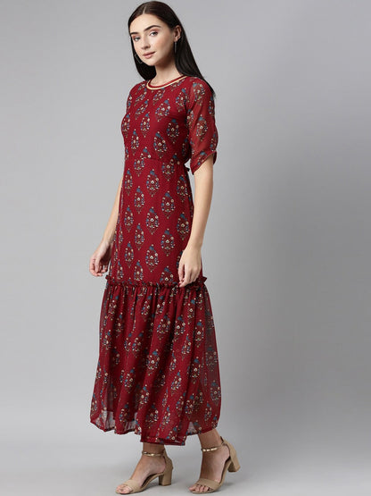 Souchii Maroon & Blue Ethnic Motifs Chiffon Maxi Dress