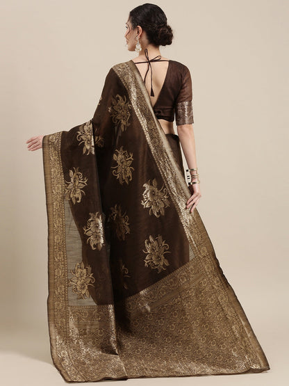Saree Mall Brown Floral Linen Blend Banarasi Saree
