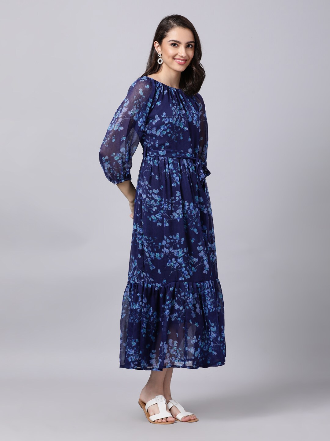 Souchii Navy Blue Floral Layered Chiffon A-Line Midi Dress