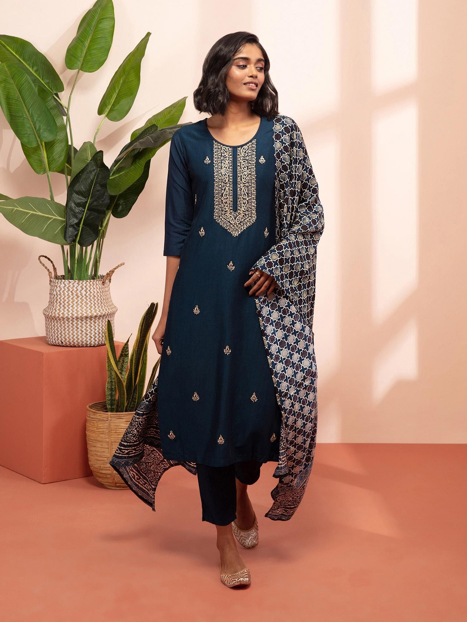 Likha Shaan-E-Avadh Navy Hand Embroidered Kurta, Pant & Dupatta LIKSKD130 (Set of 3) - M