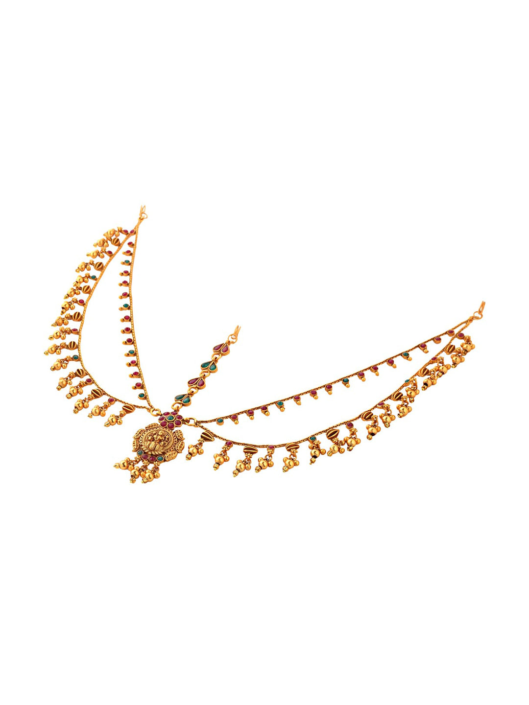 Yellow Chimes Gold-Polished Pink & Green Stone Studded Ghungroo Beaded Mathapatti