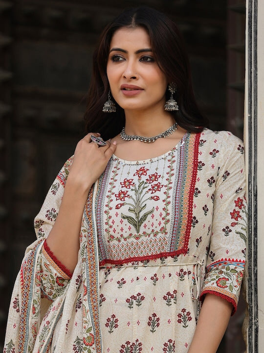 Juniper Beige & Red Floral Printed Cotton Ethnic Dress With Dupatta