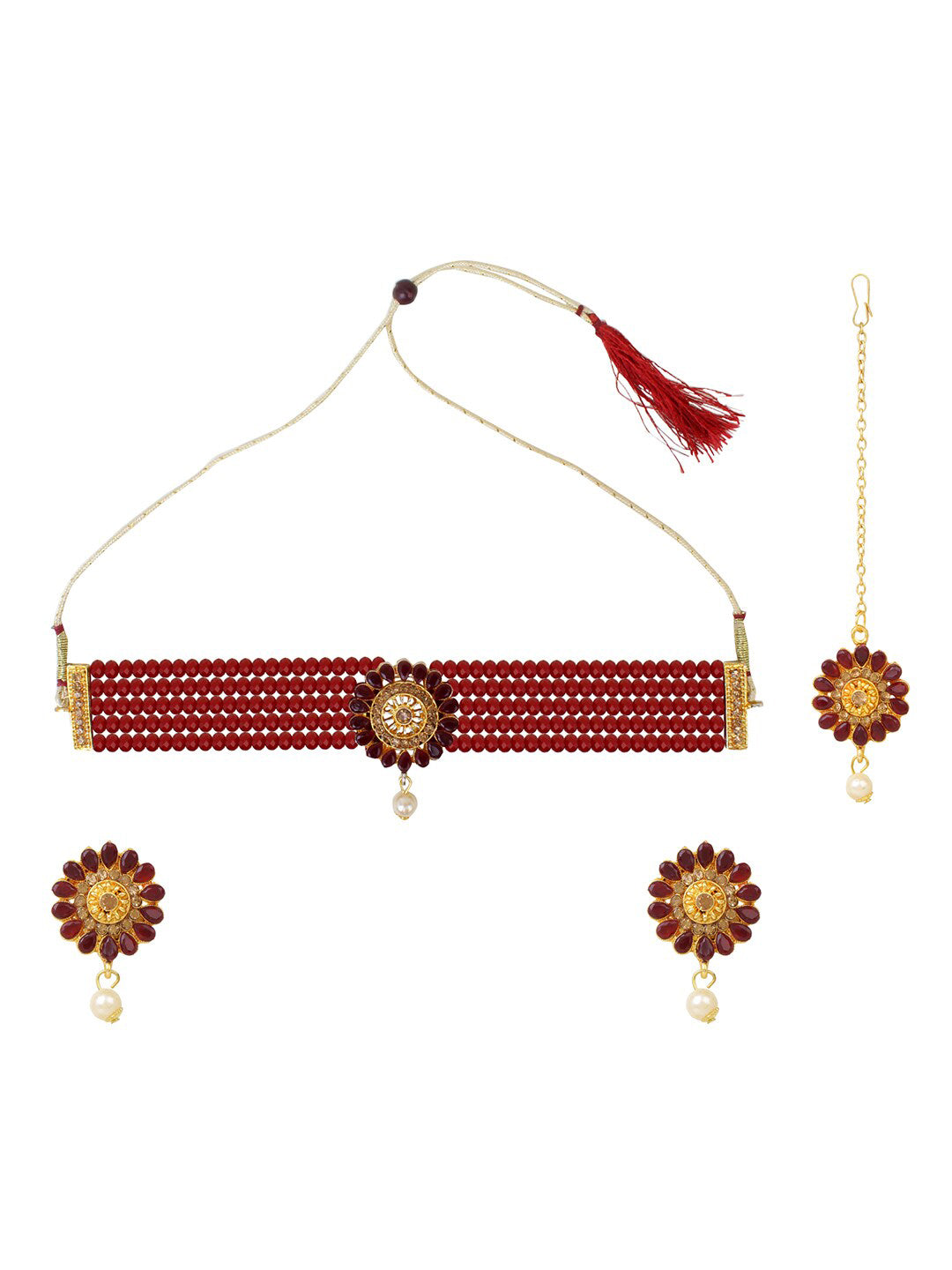 Cardinal Gold-Polished Maroon Onyx-Studded & Beaded Jewellery Set