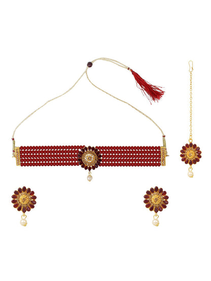 Cardinal Gold-Polished Maroon Onyx-Studded & Beaded Jewellery Set