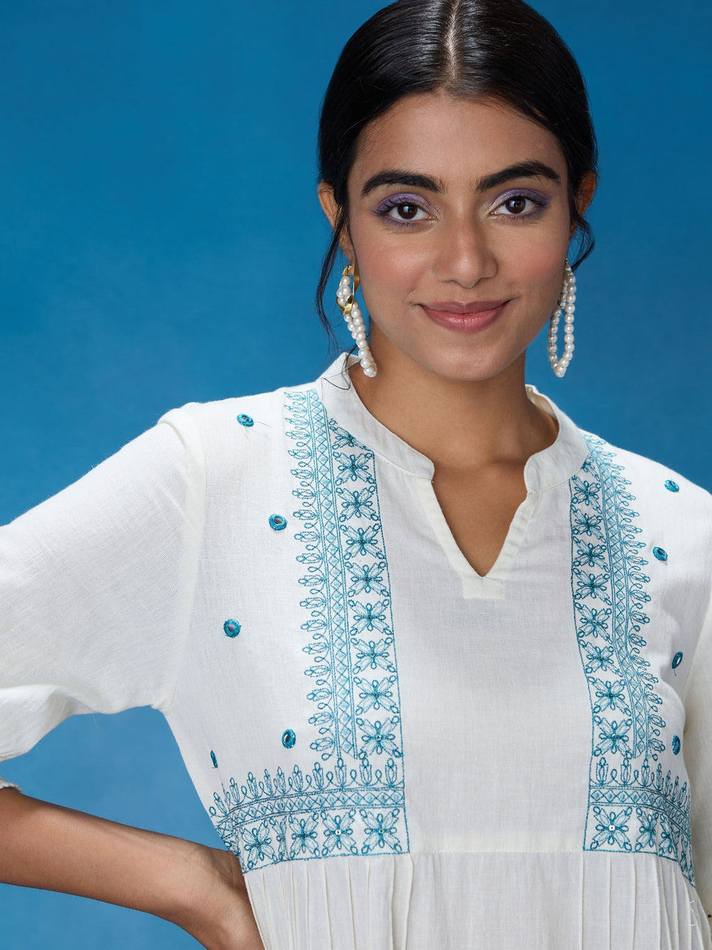Likha White and Blue Chintz Floral Flared Solid Co-ord Set LIKSKD320 (Set of 2)