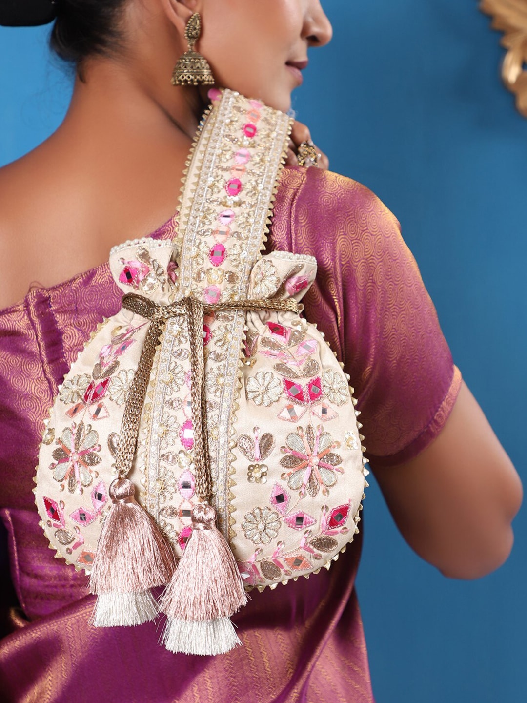Masq Beige & Pink Embroidered Potli Clutch