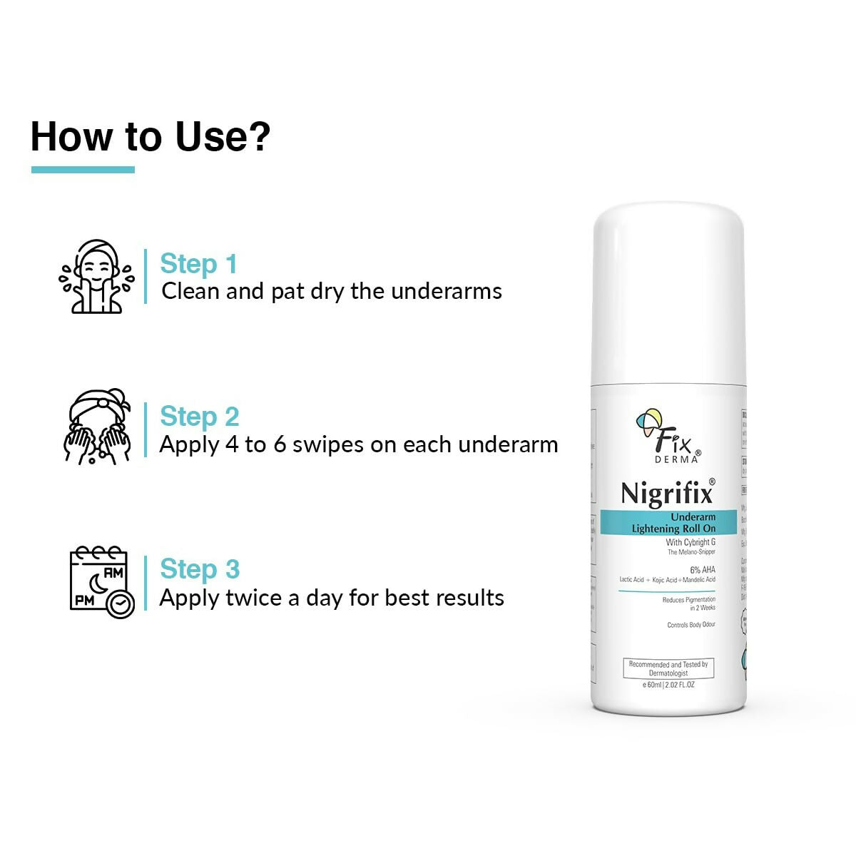 Fixderma Nigrifix Underarm Lightening Roll on with 6% AHA, Lactic Acid & 1% Mandelic Acid, Brightens Skin & Exfoliates Underarm