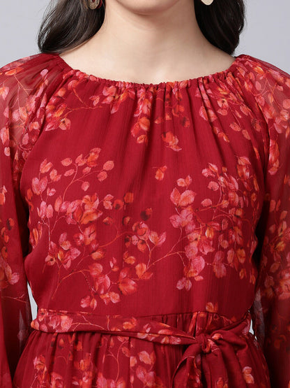Souchii Maroon Floral Layered Chiffon A-Line Midi Dress