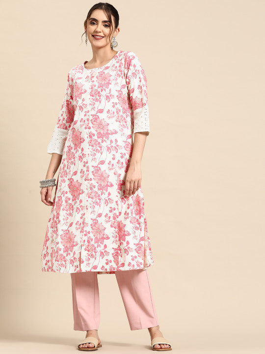 Sangria Floral Printed Cotton Slub Kurta
