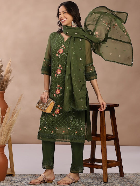 Fabmora Women Floral Embroidered Regular Kurta with Trousers & With Dupatta