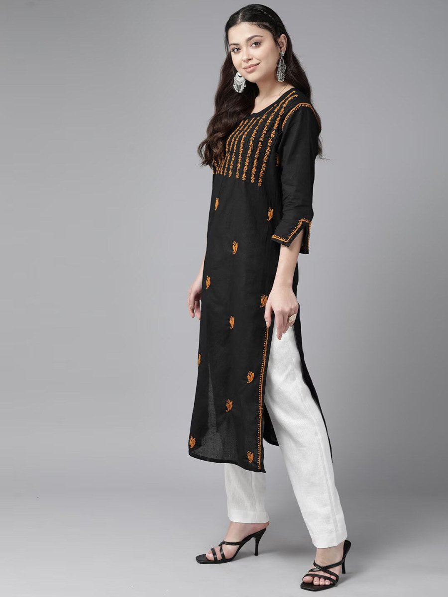 ADA Ethnic Motifs Embroidered Chikankari Cotton Straight Kurta