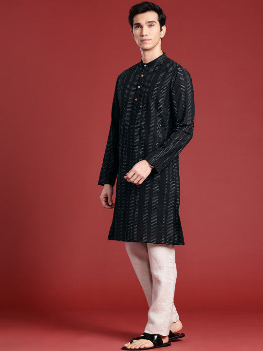 Anouk Men Polka Dot Printed Pure Cotton Kurta Colour Black And Grey