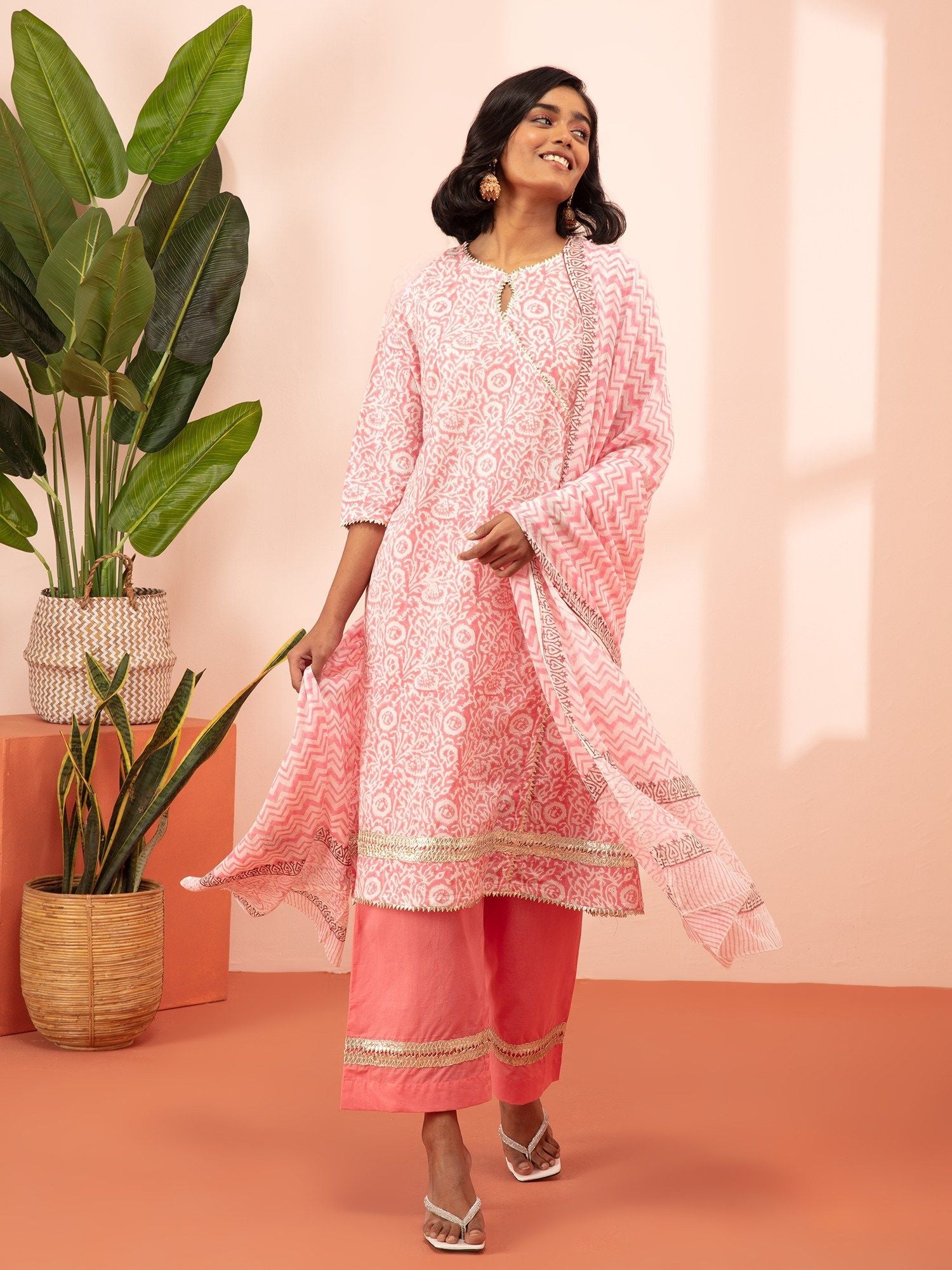 Likha Gulbarg Pink Hand Block Printed Kurta with Dupatta LIKSKD150 (Set of 3) - M