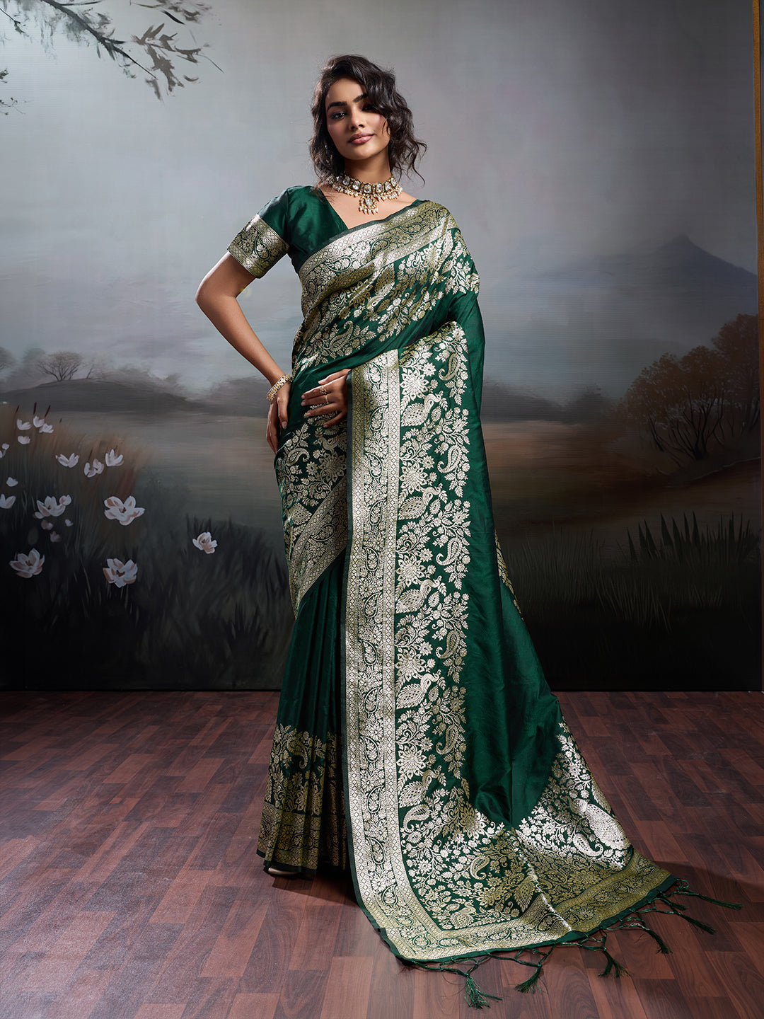 Anaita D Green Silk Blend Woven Saree With Blouse