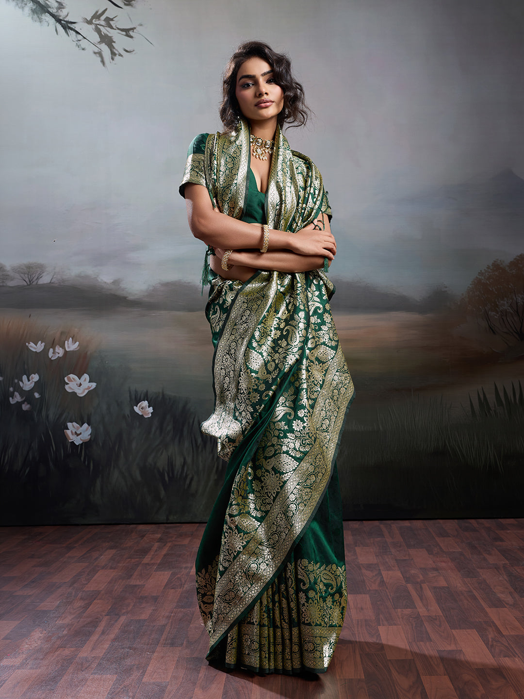 Anaita D Green Silk Blend Woven Saree With Blouse