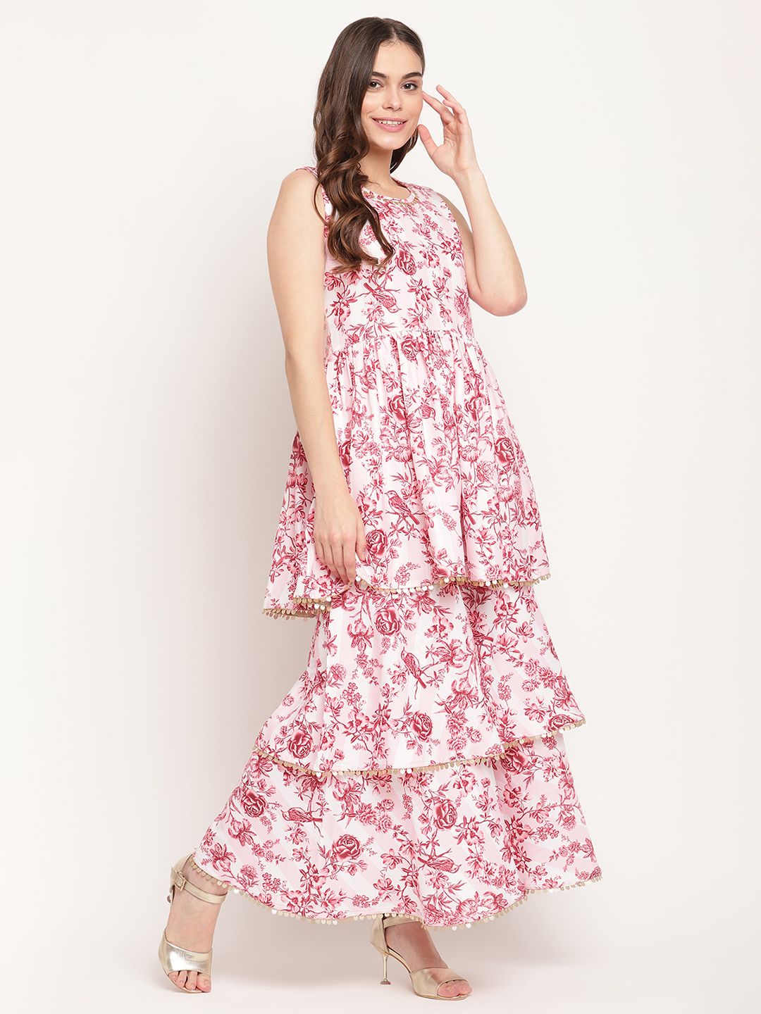Ahalyaa Women's Pink Rayon Digital Floral Print Kurta Sharara Set with Dupatta