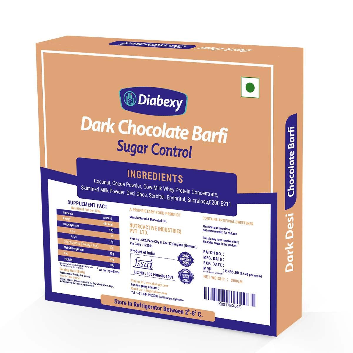 Diabexy Desi Ghee Dark Chocolate barfi Sugar Control for Diabetics - 200 gms