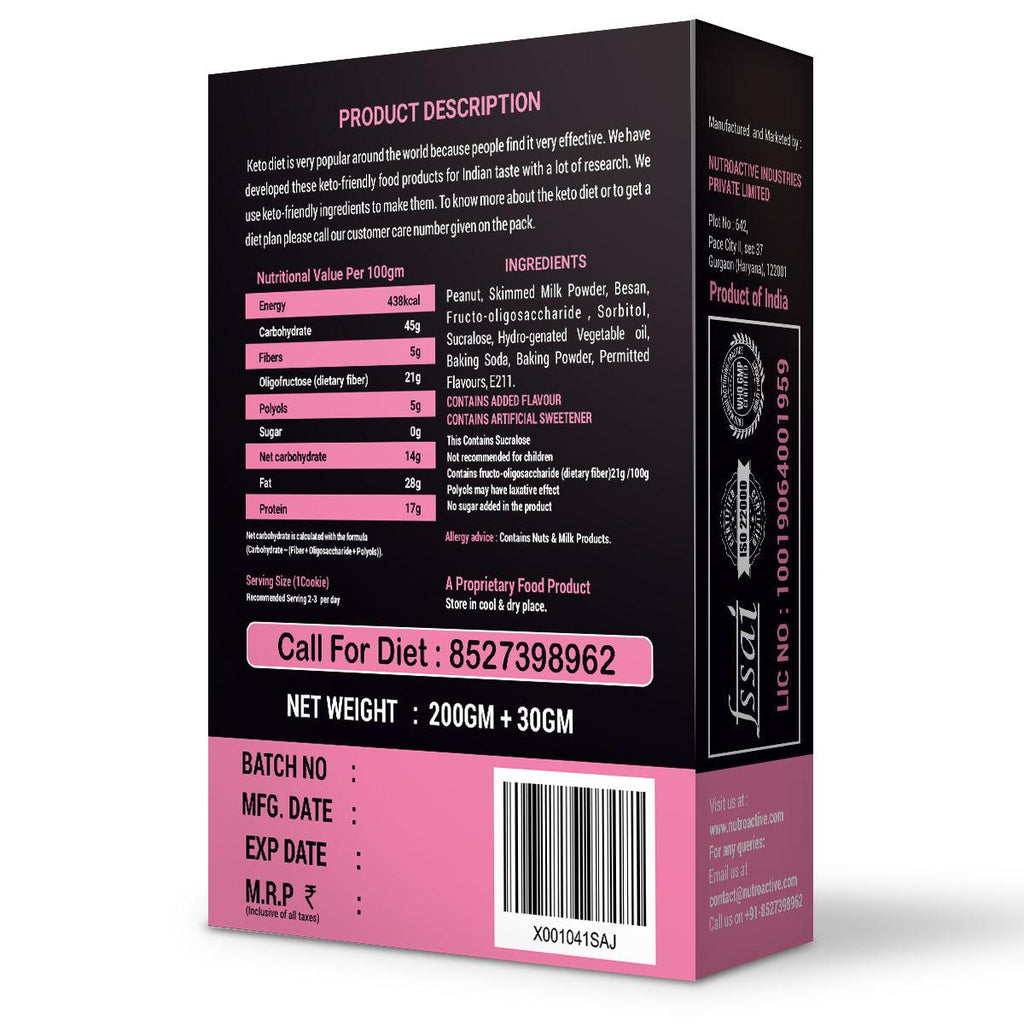 Diabexy NutroActive Keto Peanut Butter Cookies, 1g Net Carb Per Cookie - 200 gms