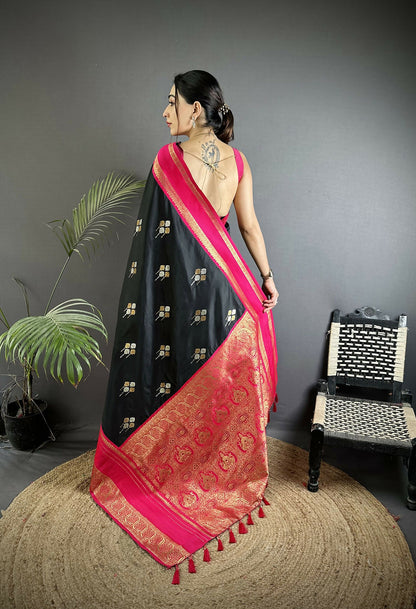 Joban Fashion Black Banarasi Soft Silk Woven Saree