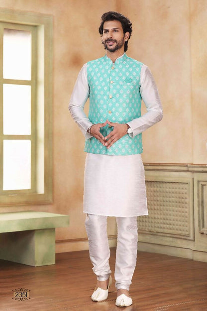 Raivat Ethnic Jacquard Banarasi Silk Woven Work 3 Pics Jacket Set In Sky Blue Colour