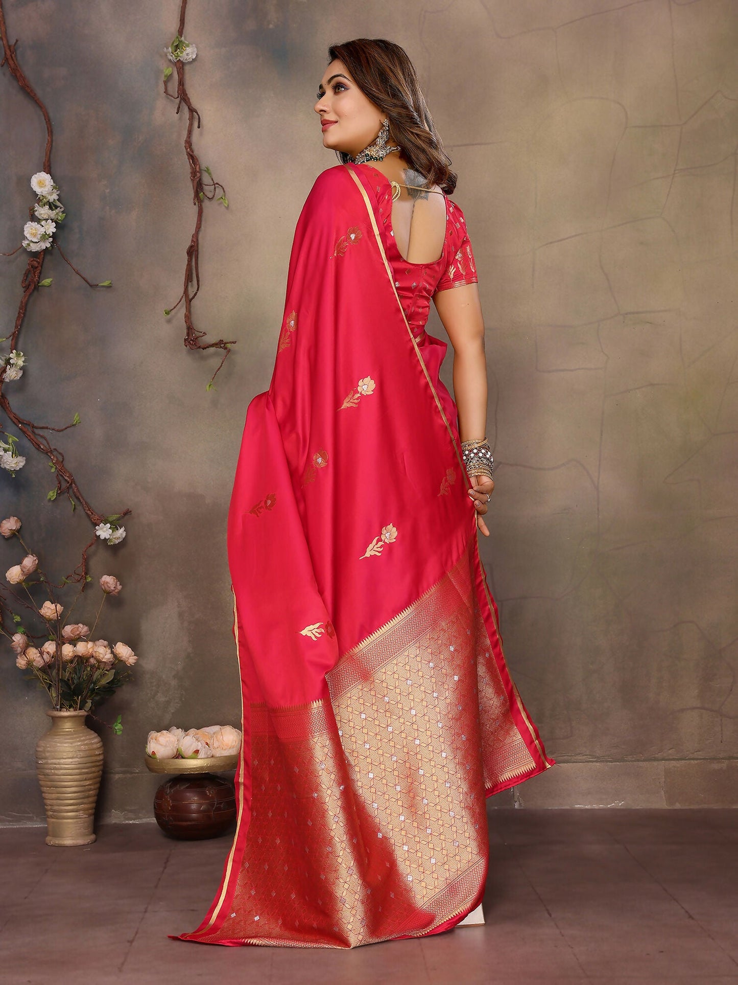 Joban Fashion  Brick Red Floral & Botanical Motifs Satin Silk Banarasi Silk Saree