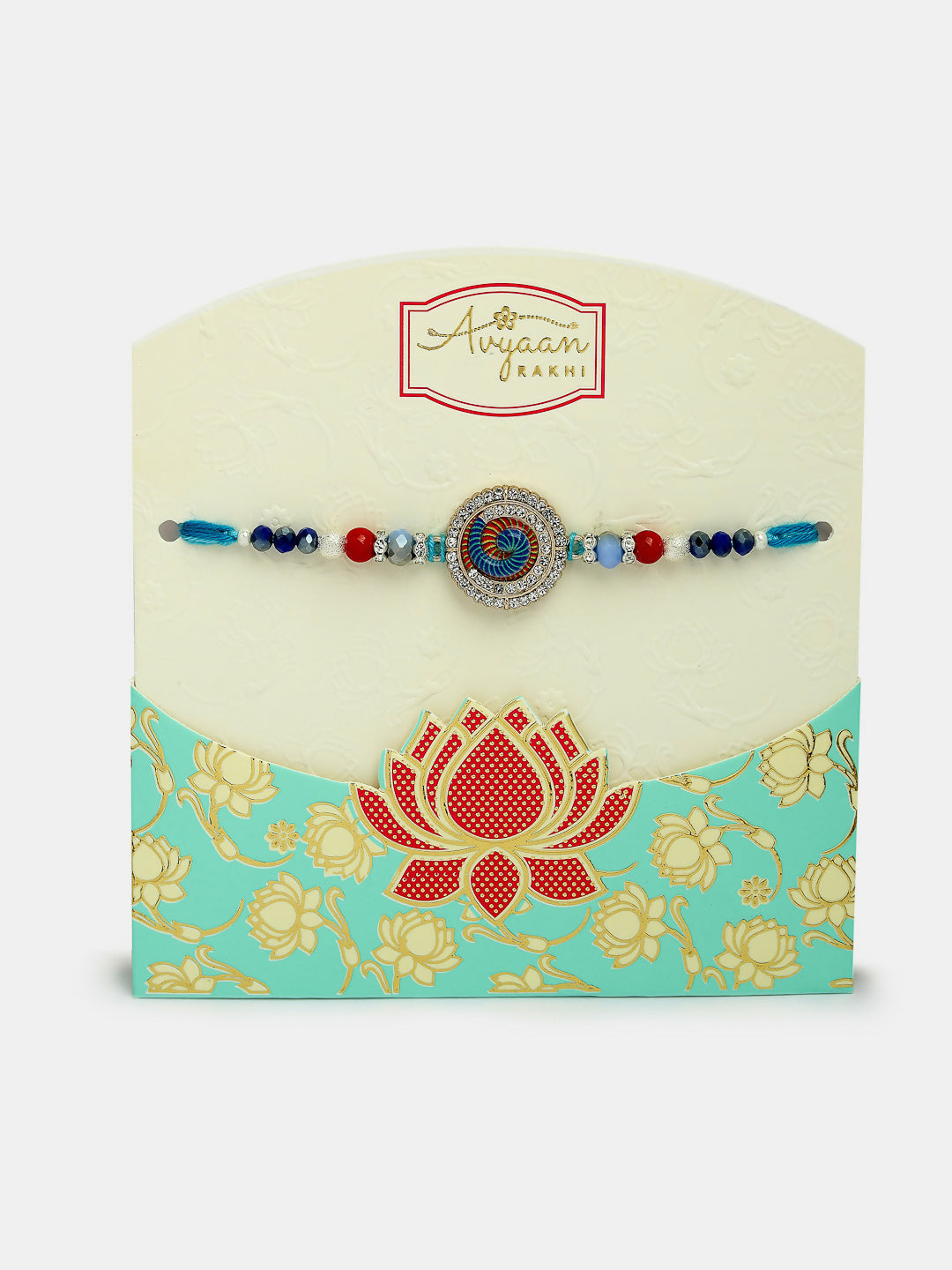 NVR Women & Men Set of 2 Blue Kundan-Studded & Beaded Bhaiya Bhabhi Rakhi With Roli Chawal & Chocolate