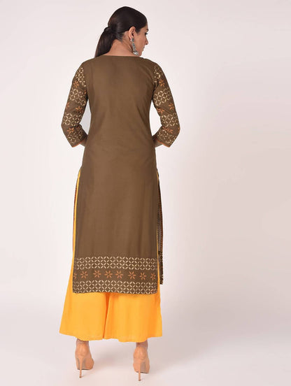 Cheera Hand Block Print Earth Brown Straight Kurta (MAAI-060K)