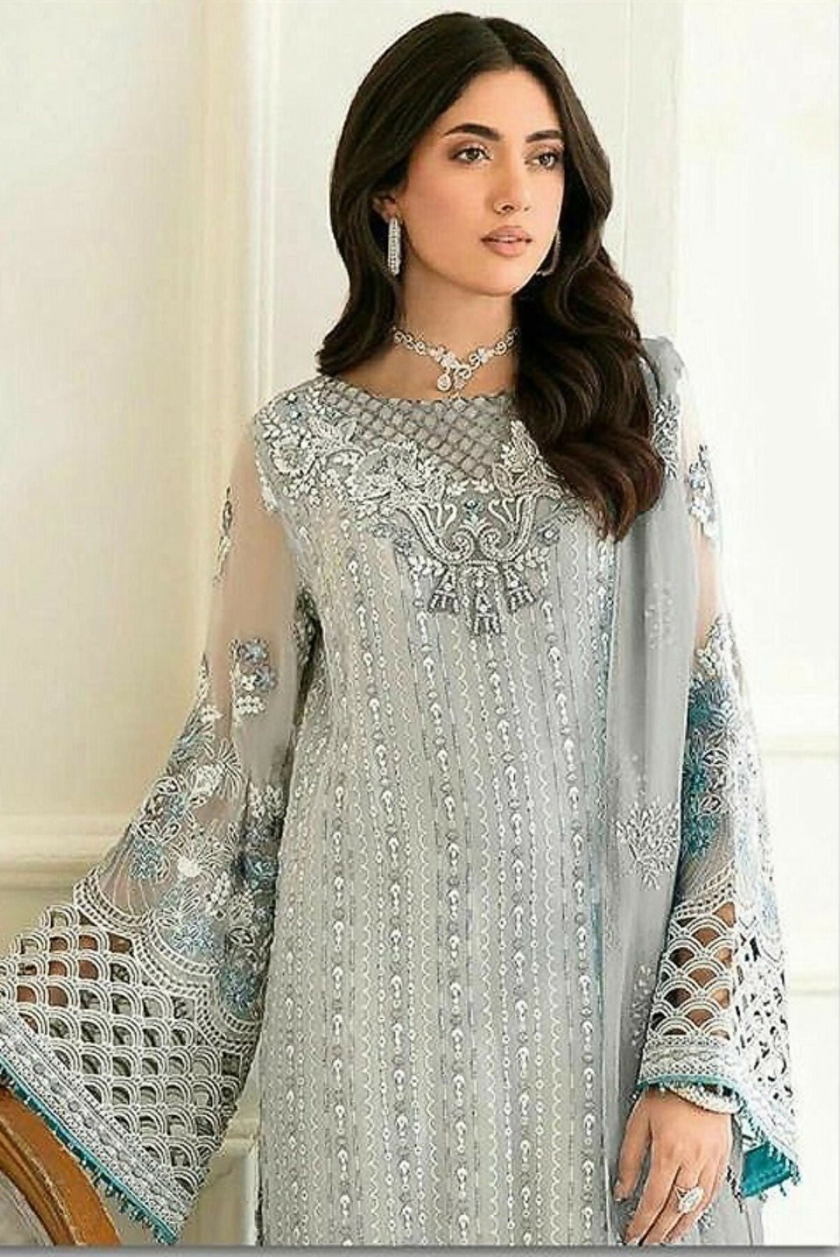 Anaita Sky Blue Fox Georgette Stitched Suit with Embroidery Sequence Work & Khatli Work