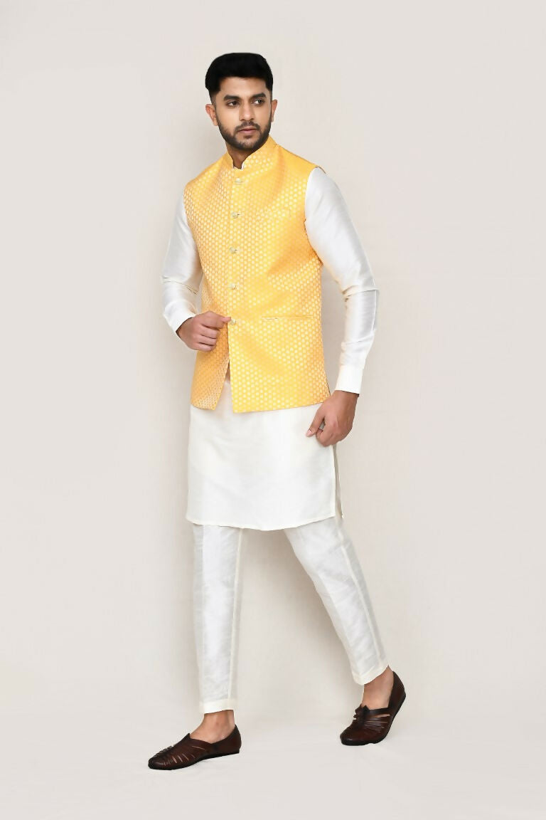 Joban Fashion White Colored Art Silk Fabric Kurta, Jacket With Straight Fit Pant