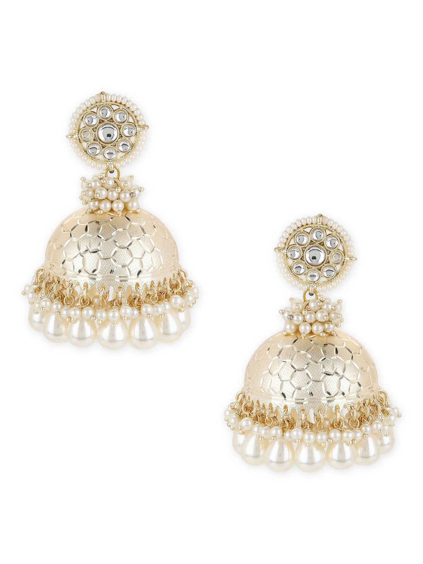 Gold-Toned White Pearl Beaded Contemporary Gold-Polished Jhumkas Earrings - Ruby Raang
