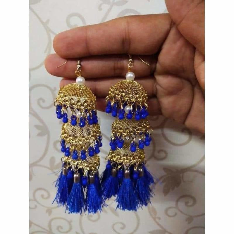 MS Fashion India Gold Color Net Design Jhumkas With Blue Color Pearls And Silk Threads