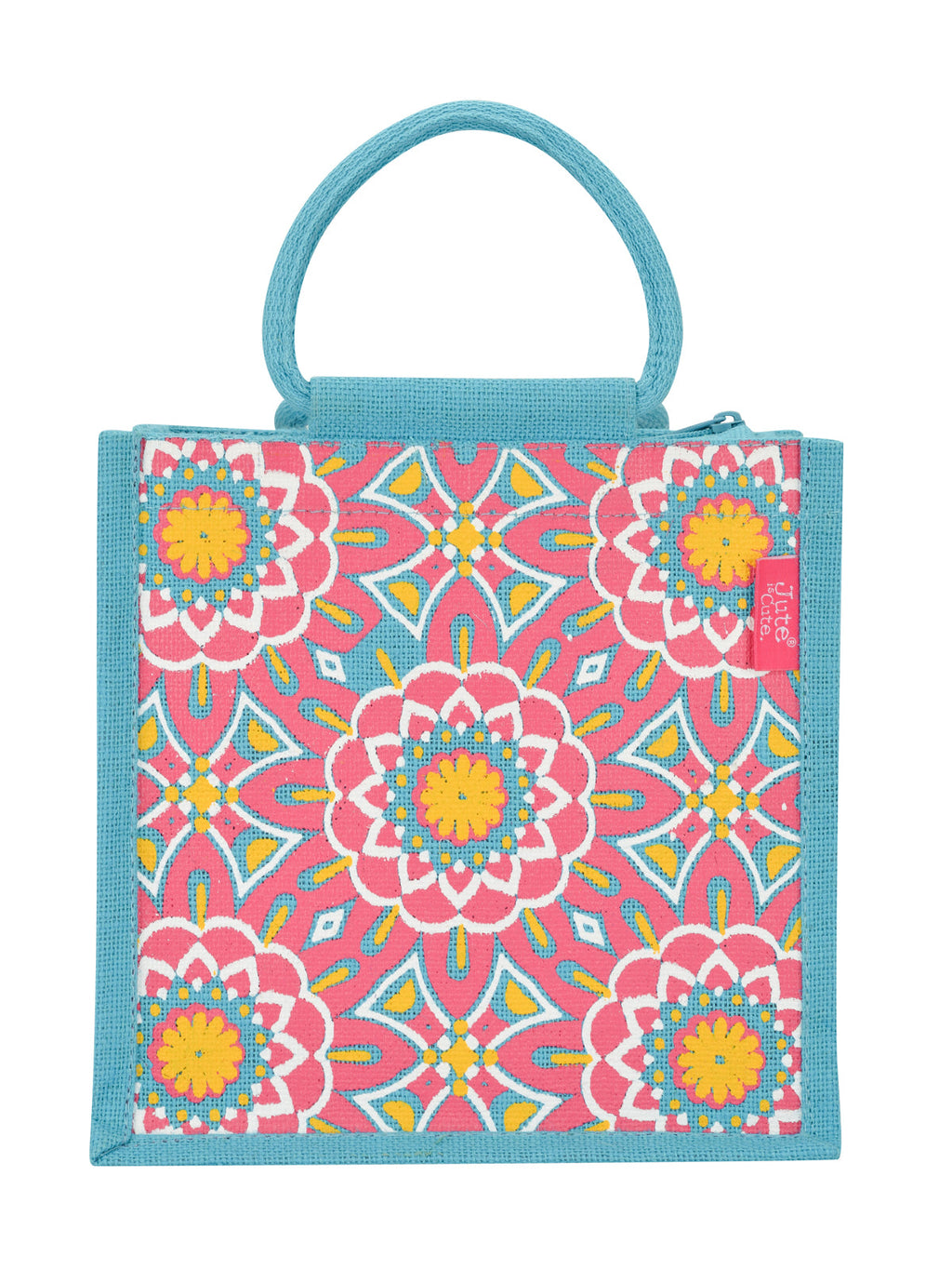 Jute Cottage Mughal Print Zipper Lunch Bag 100% Genuine Jute Bag