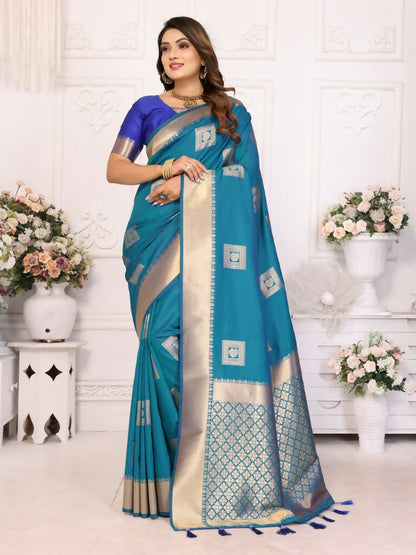 Anaita Blue Soft Silk With Zari Weaving Borders Saree With Blouse