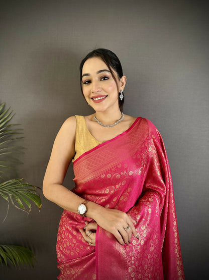 Joban Fashion Rani Pink Floral & Paisley Motifs Soft Satin Silk Banarasi Saree