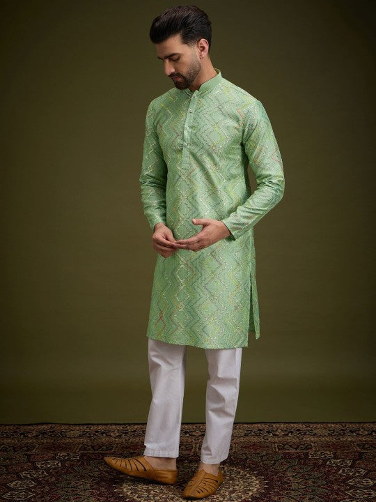 Anouk Green Chevron Embroidered Gotta Patti Mandarin Collar Pure Cotton Straight Kurta