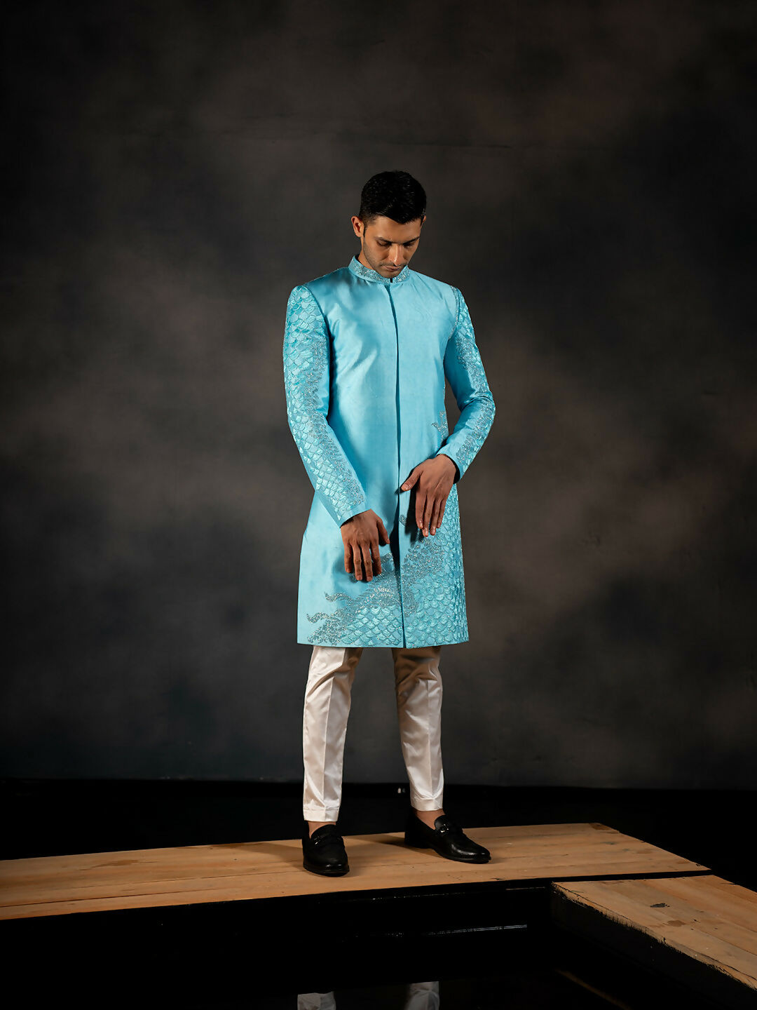Sky Blue Hand Embroidered Indowestern Sherwani by Hilo Design