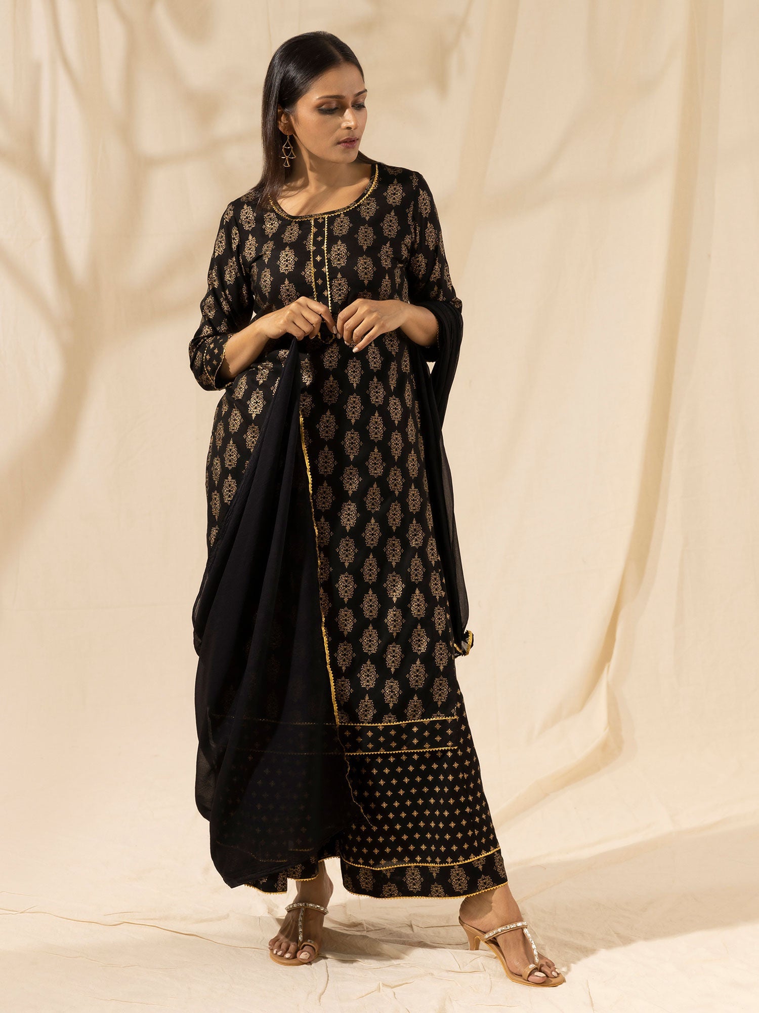 Likha Black Printed Kurta Palazzo Dupatta LIKSKD20 (Set of 3) - M
