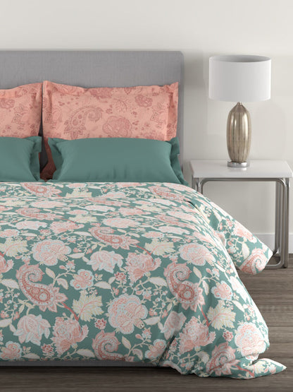MYTRIDENT Green White Ethnic Motifs Cotton 144 TC Queen Bedsheet With 2 Pillow Covers