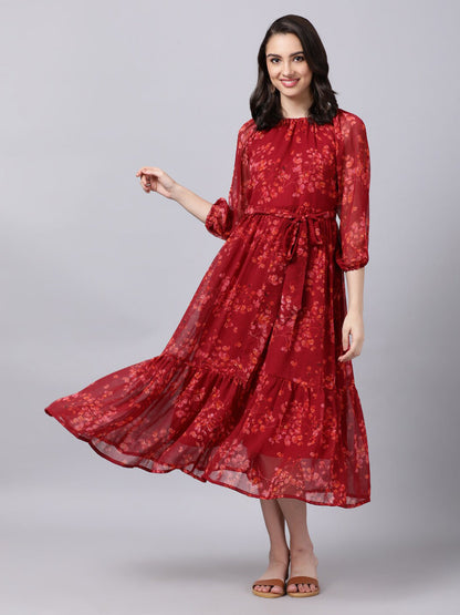 Souchii Maroon Floral Layered Chiffon A-Line Midi Dress