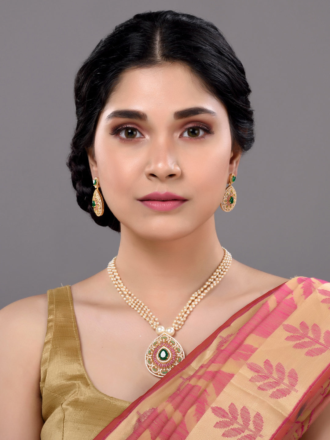 Saraf RS Jewellery Women Gold-Polished Multi Coloured AD Studded Pearl Mala & Earrings Set