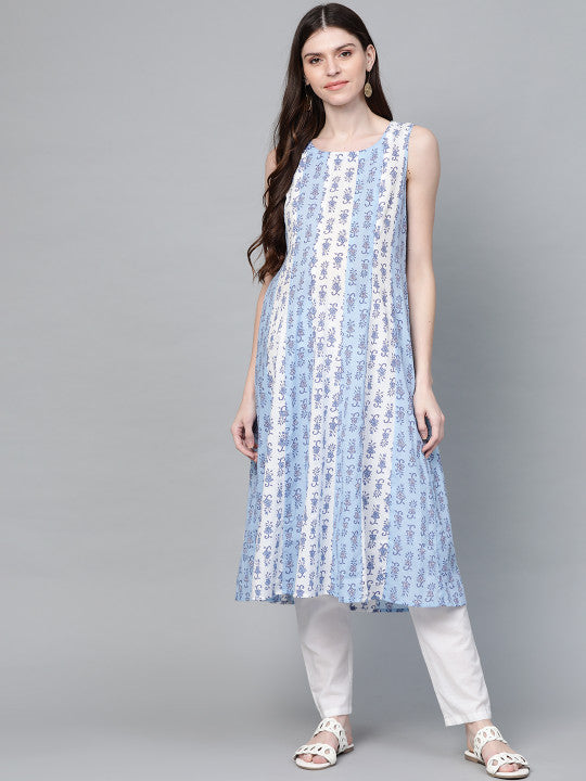 Anayna Women Blue & White Ethnic Motifs Screen Print A-Line Maternity & Nursing Kurta