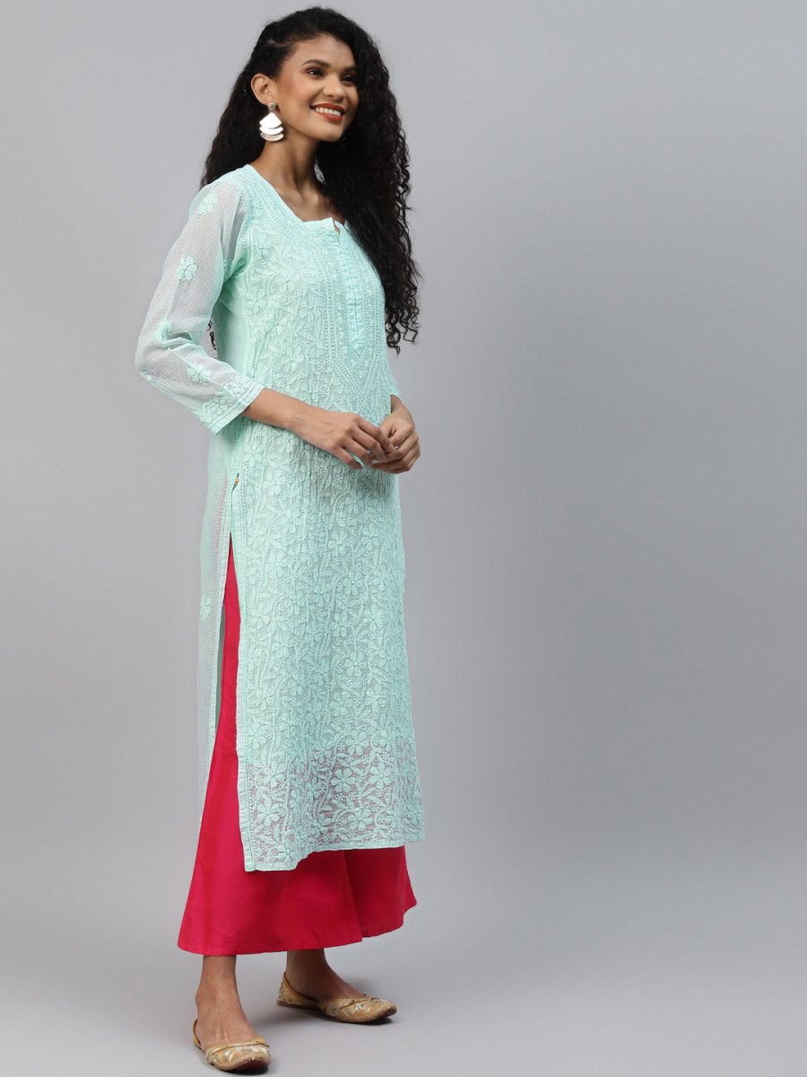 ADA Women Sea Green Chikankari Hand Embroidered Straight Kota Handloom Kurta With Matching Slip