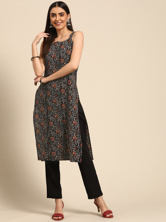 Anayna Women Black & Rust Red Pure Cotton Ethnic Motifs Printed Kantha Work Kurta